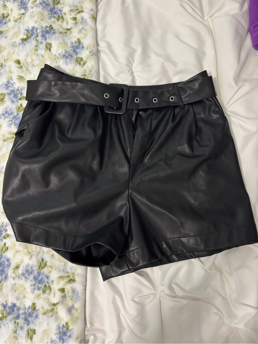 Ci Sono Black High-Waist Faux Leather Belted Shorts